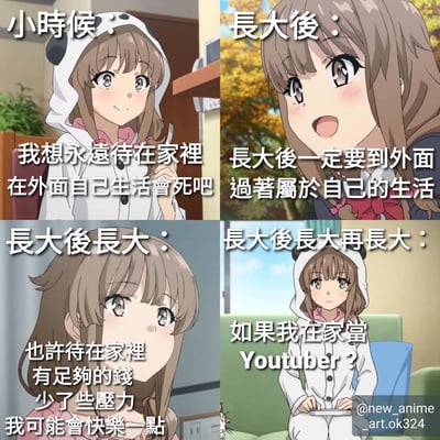 这是一张四格连环动漫图，通过同一棕色头发女孩在不同人生阶段的表情和台词变化，展现成长心态的转变。左上格「小时候」：女孩穿熊猫连帽衫，手持餐具微笑，配文「我想永远待在家里，在外面自己生活会死吧」；右上格「长大后」：户外秋叶背景，女孩兴奋张嘴，配文「长大后一定要到外面过著属于自己的生活」；左下格「长大后长大」：室内场景女孩侧头沉思，配文「也许待在家里有足够的钱少了些压力我可能会快乐一点」；右下格「长大后长大再长大」：女孩穿熊猫连帽衫坐沙发持平板，配文「如果我在家当Youtuber？」。整体用幽默方式呈现年轻人对「宅家」与「独立生活」态度的演变，引发共鸣。