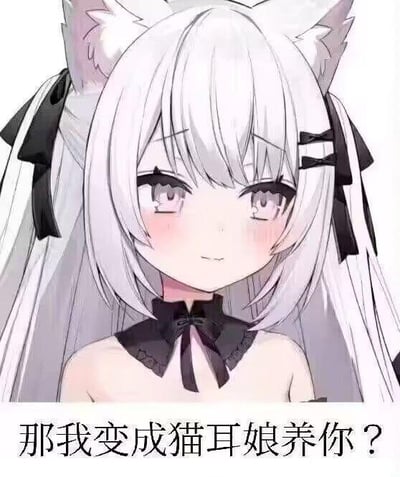 这是一张AI生成的二次元图文混排图，画面主体是一位有着银白色双马尾、白色猫耳的软萌少女，她脸颊带着淡淡的红晕，眼神澄澈，脖颈处系着精致的黑色蕾丝领结，整体形象十分可爱。图片底部配有文字“那我变成猫耳娘养你？”，用萌系的二次元角色搭配这句带着撒娇感的提问，传递出一种亲昵的、想要照顾对方的暖心氛围，没有双关、谐音梗或暗示内容，是用可爱的形象来表达亲近的心意。