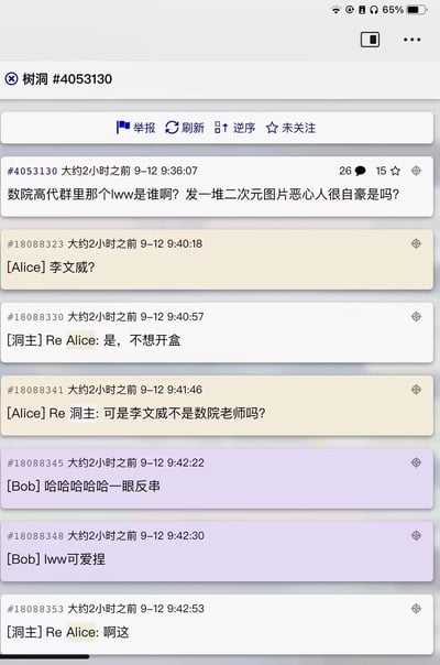 这是一段高校匿名树洞的聊天记录截图，洞主在树洞吐槽数院高代群里的用户lww发一堆二次元图片影响群聊，随后有网友猜测lww是数院老师李文威，洞主确认但表示不想开盒（公开隐私），另有网友指出这是反串玩梗，最后洞主以“啊这”回应，对话氛围从吐槽转向玩梗，没有双关或谐音梗。