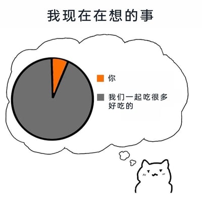 这是一张卡通风格的静态单图，画面右下角是一只表情略带羞涩、脸颊带有红晕的白色卡通猫，它正处于思考状态，上方的思想泡泡里呈现着一个饼状图，饼状图的标题为“我现在在想的事”。饼图分为两部分，极小的橙色区域代表“你”，占比绝大部分的灰色区域代表“我们一起吃很多好吃的”，通过这种幽默的饼图分配方式，软萌地表达出想要和对方一起享用美食的期待，整体风格可爱治愈，适合向亲近的人传递亲昵的邀约心意。