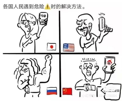 这是一张四格拼接的卡通搞笑梗图，以夸张化的各国刻板印象，调侃不同国家人民遇到危险时的应对方式：
1. 日本区域：卡通人物举着显示110的手机，表情轻松自信，对应报警求助的刻板印象；
2. 美国区域：卡通人物举着一把枪，表情严肃凶狠，对应美国民众用枪械自保的刻板印象；
3. 俄罗斯区域：肌肉发达的卡通人物一手握酒瓶一手握拳展示肌肉，表情凶狠彪悍，对应“战斗民族”靠自身武力解决问题的网络梗；
4. 中国区域：卡通人物举着显示天眼查界面的手机，手里攥着人民币，表情慌张焦急，是对遇到危险先找平台求助或花钱解决的搞笑调侃。
图中无谐音梗、双关等内容，完全基于刻板印象进行夸张创作制造笑点。