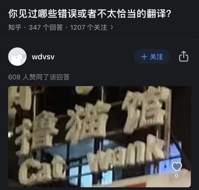 这是一张社交媒体截图，主体是知乎问题“你见过哪些错误或者不太恰当的翻译？”下的一则回答。页面显示该问题有347个回答、1207个关注，答主为 wdvsv，回答获608人赞同。回答配图是夜间拍摄的门店招牌，中文大字为“撸猫馆”，英文却标注为“Cat WALKING”。“撸猫”在中文网络语境中指抚摸、抱玩或陪伴猫，对应的是 petting、cuddling cats；“walking a cat”则表示带猫外出散步，即“遛猫”。因此该英文翻译没有准确传达店铺业态，容易让人误以为这里提供遛猫服务。更合适的译法可根据店铺性质使用 Cat Petting、Cat Cuddling、Cat Playground 或 Cat Café。