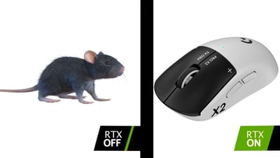 这是一张符合DLSS 5 ON梗玩法的左右对比梗图，左半部分标注RTX OFF，展示了一只真实的活体灰色家鼠；右半部分标注RTX ON，展示了一款黑白配色的电脑无线游戏鼠标；利用“老鼠”和“鼠标”的名称双关玩梗，夸张展现了AI技术打开后原图被改成完全不同物体的效果，呼应了该梗吐槽AI过度修改图像的核心。