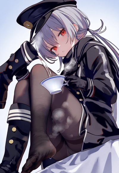 这是一幅精致的AI生成二次元插画，画面中的银发红瞳少女身着带有海军元素的黑色军装，搭配黑色手套与黑丝，正蹲坐着。她手中的茶杯倾斜，滚烫的热茶洒在了自己的黑丝腿上，腿间冒出阵阵蒸汽，少女的神情带着一丝茫然与窘迫，整体画面细腻地呈现出这一小失误的瞬间，风格软萌又带着点小尴尬。