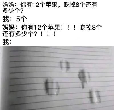 图片上半部分是妈妈和孩子的对话文字：妈妈问“你有12个苹果，吃掉8个还有多少个？”，孩子回答“5个”，妈妈愤怒重复问题“你有12个苹果！！！吃掉8个还有多少个？！！！”，孩子没有再回答。下半部分是一张笔记本照片，上面有多个黑色涂鸦，看起来像被吃掉的苹果核，暗示孩子回答“5个”是因为画出了剩下的苹果核，用视觉方式幽默解释了不符合数学逻辑的答案，制造出亲子互动中的搞笑场景。