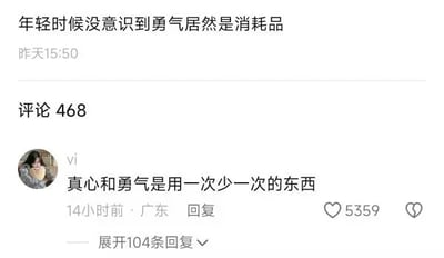 这是一张生活分享类社交平台的动态截图，截图顶部是用户发布的人生感悟内容：“年轻时候没意识到勇气居然是消耗品”，该动态发布时间显示为“昨天15:50”，评论数为468条。在评论区中，用户“vi”于14小时前在广东发布的评论“真心和勇气是用一次少一次的东西”获得了5359个点赞，且该评论下还有104条回复，这条评论与发布的动态内容形成了强烈的情感共鸣，传递出人们在成长过程中，会逐渐发现勇气与真心会随着经历慢慢消耗的感慨。