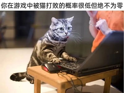 图片展示了一只虎斑猫站立在小型木质桌上，前爪按压在笔记本电脑键盘上，眼神专注警惕。背景中可见一位穿橙色上衣的人，手部动作模糊。图片顶部配有文字“你在游戏中被猫打败的概率很低但绝不为零”，幽默呈现了宠物（尤其是猫）意外干扰玩家游戏操作的场景——猫咪因好奇心踩按键盘，可能导致玩家误操作输掉游戏，形成“被猫打败”的趣味反差。