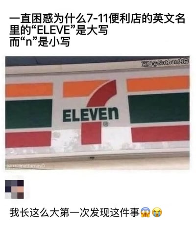 图片上方文字提出对7-11便利店英文名“ELEVEN”大小写的疑惑，指出“ELEVE”为大写而“n”为小写；中间展示7-11店铺招牌实拍图，清晰呈现品牌标识中“ELEVEN”的字母大小写样式（ELEVE全大写，末尾“n”为小写）；下方文字补充“我长这么大第一次发现这件事”并搭配惊讶表情符号😲😱。整体通过图文结合的方式，引发对品牌标识细节的观察与讨论。