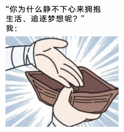 这是一张引发大众共鸣的生活类梗图，上方以他人的提问“你为什么静不下心来拥抱生活、追逐梦想呢？”作为引子，下方则用卡通风格的画面展示了一双手翻开一个完全空着的钱包，以此作为对提问的回应。该图用直白且幽默的方式，点出了经济拮据、物质基础不足是很多人无法安心享受生活、追求精神层面梦想的现实原因，精准戳中了当代普通人的生活痛点，容易在社交平台引发传播和共鸣。