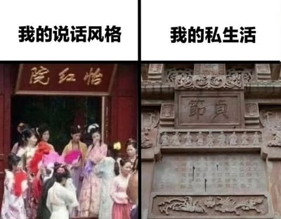 左右对比图，左侧上方文字为“我的说话风格”，下方是一群身着传统服饰的女子聚集在“怡红院”门口，画面热闹；右侧上方文字为“我的私生活”，下方是刻有“贞节”二字的石牌坊，风格庄重。通过“怡红院”的热闹与“贞节牌坊”的严肃形成鲜明反差，幽默展现个人对外说话风格与私下生活状态的不同。