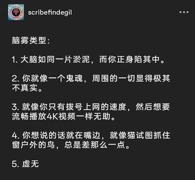 这是一张海外社交平台的截图，用户scribefindegil发布了一组对脑雾类型的生动描述，共分为5种：1. 大脑如同身陷淤泥般混沌；2. 如同鬼魂般对周遭一切感到不真实；3. 像用拨号上网的速度尝试播放4K视频一样，思维运转极度卡顿无力；4. 话到嘴边却无法说出，如同猫试图抓住窗户外的鸟总是差一点；5. 纯粹的虚无状态。这些比喻用生活化、具象化的场景，精准地描绘出脑雾时的不同精神与思维状态，极易引发有类似情绪体验的人群共鸣。