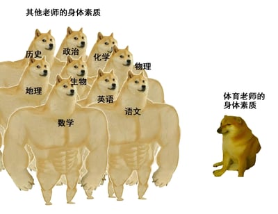 图片左侧展示了一群肌肉发达的柴犬，每只柴犬分别标注了不同学科名称（历史、政治、化学、物理、生物、地理、英语、语文、数学），上方标题为‘其他老师的身体素质’；右侧则是一只体型普通、蹲坐的柴犬，标注为‘体育老师的身体素质’。通过夸张的肌肉柴犬与普通柴犬的对比，幽默地反转了‘体育老师身体素质最强’的传统印象，营造出搞笑的反差效果。