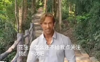 这是一张经过P图改编的文字加注单图，背景是林间的木质栈道，前景是一个面部被修改得扭曲怪异的男性，他呈现出向前逼近的姿态，神态带有压迫感。图中配有对话文字：“花生：怎么还不给我点关注 我：下次吧”，用这种夸张的视觉效果来表现自媒体创作者催关注和观众敷衍回应的日常互动，通过带有压迫感的画面制造搞笑氛围，调侃了这类常见的社交场景。