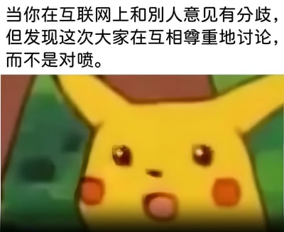 图片上半部分是一段文字：'当你在互联网上和别人意见有分歧，但发现这次大家在互相尊重地讨论，而不是对喷。' 下半部分是动画《精灵宝可梦》中的角色皮卡丘，它瞪大双眼、嘴巴微张，露出非常惊讶的表情。整个图片通过皮卡丘的夸张反应，幽默地表现了在互联网上遇到理性讨论时的意外感受。