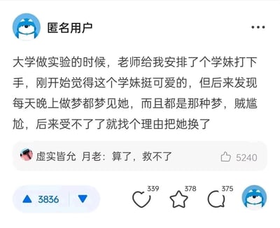 这是一张社交媒体截图，内容是一位匿名用户分享自己的校园经历：大学做实验时，老师安排了一位学妹给他打下手，起初他觉得学妹很可爱，但之后每天晚上都会梦到学妹，且是带有暧昧意味的梦，这让他十分尴尬，最后找理由把学妹换掉了。下方有一条高赞评论“虚实皆允 月老：算了，救不了”，获得5240个赞，主帖获得3836个赞同，还有339个收藏、378个星标、375条评论，整体是网友分享的尴尬趣事，评论区以玩梗的方式调侃用户错失缘分。