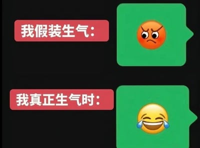 整张图采用上下对比的类聊天界面版式，以黑色为背景，左侧是红色底色的白色说明文字，右侧为绿色的模拟社交软件聊天气泡。上半部分左侧标注“我假装生气：”，右侧气泡内是皱着眉、嘴角下撇的橙色愤怒表情，展现出明面上刻意表现出的生气状态；下半部分左侧标注“我真正生气时：”，右侧气泡内是眯着眼大笑、流出眼泪的黄色笑哭表情，用反差感反讽当代人真正极度愤怒时反而不会直白表露愤怒情绪，反而会用看似无所谓的夸张笑脸来掩饰压抑的怒火，十分贴合当代人内敛的情绪表达习惯。