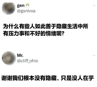 图片为社交媒体对话截图，展示了两条上下排列的推文。上方用户“gen”（@gsnivxa）发出疑问：“为什么有些人如此善于隐藏生活中所有压力事和不好的情绪呢？”，下方用户“Mr.”（@cliff_ohio）则以略带自嘲的语气回复：“谢谢我们根本没有隐藏，只是没人在乎”。对话以简洁直白的文字呈现，通过一问一答形成鲜明对比，揭示了部分人情绪不被关注的现实，带有无奈与讽刺的意味，容易引发观众对情绪表达与社交关注度的共鸣。