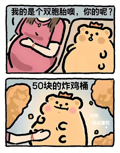这是一张两格漫画，上格中一位孕妇抚摸着肚子说“我的是个双胞胎噢，你的呢？”，下格中一只戴着皇冠的胖熊被炸鸡块环绕，笑着说“50块的炸鸡桶”，旁边还有“险些撑死”的文字。图片通过将怀孕的“双胞胎”与炸鸡桶的“丰富内容”进行幽默对比，营造出搞笑效果。