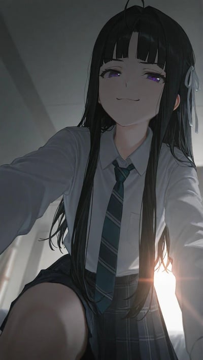 这是一张AI生成的二次元原创插画，采用低角度仰视的构图方式，画面主体是一位身着白衬衫搭配条纹领带的JK少女。她留着黑色长直碎刘海，发丝微乱，紫色眼眸中带着一丝偏执的浅笑，正朝着镜头方向伸出手臂，仿佛要靠近观者。背景色调昏暗，侧后方的光线勾勒出人物的轮廓，整体氛围带着微妙的压迫感，传递出典型的病娇气质。