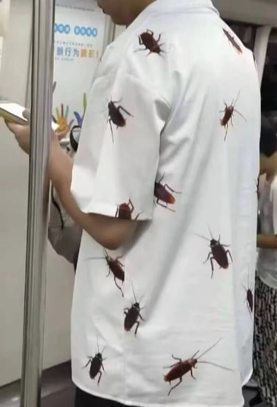 地铁车厢内，一名男子背对镜头站立，正低头专注看手机。他穿着一件白色短袖衬衫，衬衫背面布满了栩栩如生的蟑螂印花图案，仿真度极高，视觉冲击力强。背景中可以看到地铁内的扶手和部分宣传海报，营造出真实的公共交通场景。这种将令人不适的昆虫图案印在衣物上的设计，形成了强烈的反差萌和幽默感，容易让人会心一笑。