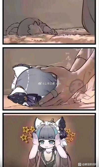 这是一幅三格连环改编梗图：第一格呈现一只猫咪趴在地面上；第二格中一只大手将猫咪按在地上揉搓；第三格猫咪化身为手游《碧蓝航线》中的角色柴郡，她双手扶着脑袋，脑袋旁环绕着星星特效，生动表现出被按头后头晕目眩、懵懵的状态。该梗图改编自经典的「拍猫变角色」meme模板，通过替换成热门二次元游戏角色，制造出趣味反差效果。