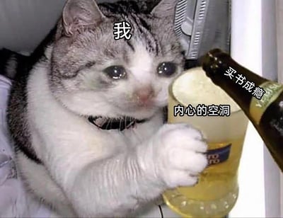 这是一张经过二次创作的自嘲类表情包，图中一只泪眼汪汪的猫咪用爪子扶着一杯酒，猫咪头顶标注“我”，酒杯被标注为“内心的空洞”，旁边的酒瓶标注为“买书成瘾”。画面用借酒消愁的场景，调侃自己试图通过买书成瘾的行为来填补内心的空虚，却如同借酒浇愁一样，无法真正填补空洞，反而陷入无奈的循环，生动地展现了当代人在精神空虚时的一种自嘲式的生活状态，充满了好笑又无奈的情绪。