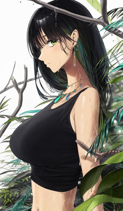 这是一幅日式CG插画，画面主体是一位侧颜的黑发少女，发梢带有青绿色挑染，澄澈的绿眸看向画面左侧，脸上带着淡淡的红晕。少女佩戴着水滴造型的耳饰与同色系多层项链，皮肤和发丝上都挂着晶莹的水珠，仿佛刚在雨林中经历过降雨。她身着黑色吊带背心，被周围的枯枝与热带植物环绕，整体氛围静谧清新，充满自然野趣。