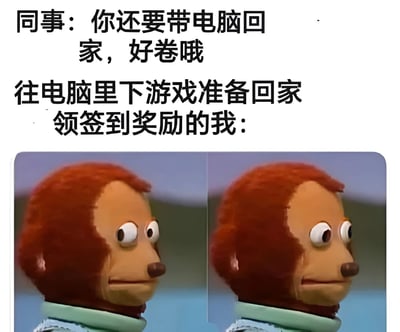 图片上方为文字对话，同事说“你还要带电脑回家，好卷哦”，而“往电脑里下游戏准备回家领签到奖励的我：”引出下方两张并排的布偶猴子侧脸图，猴子表情平静，形成他人以为在卷（努力工作）实则为了游戏签到奖励的反差搞笑效果。