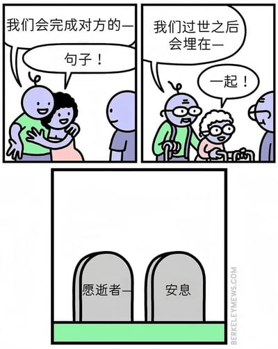 这是一幅三格漫画，描绘了一对情侣从年轻时的甜蜜约定到年老后的生死承诺。第一格中，年轻情侣相拥，约定会'完成对方的句子'；第二格中，他们变为白发苍苍的老人，拄着拐杖、坐着轮椅，继续约定'过世之后会埋在一起'；第三格画面转为两座墓碑，左边刻着'愿逝者—'，右边刻着'安息'，以墓碑文字完成了他们一生的句子接龙，温馨又感人。