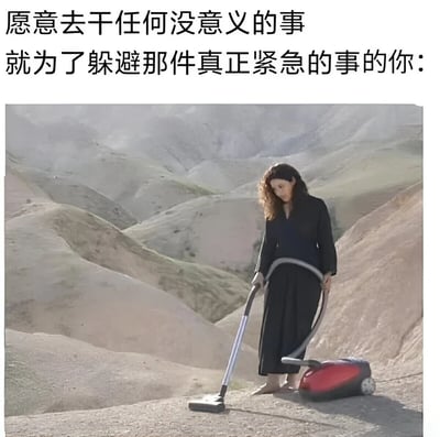 图片上方配有文字“愿意去干任何没意义的事 就为了躲避那件真正紧急的事的你：”，下方是一位身穿黑色长裙的女子赤脚站在荒漠般的山地地形中，手持红色真空吸尘器认真地清洁地面。画面通过反差感幽默地展现了人们为逃避重要任务而沉迷于无意义琐事的行为。