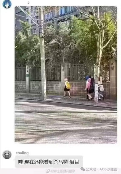 这是一张经过P图改编的社交媒体截图，画面展示了城市街道的日常场景：一位背着黄色背包的普通路人女孩走在人行道前方，后方三位行人的上半身被替换成了类似杀马特风格的动画角色发型（分别是蓝色、粉色、白色长发，对应《新世纪福音战士》中的绫波丽、明日香、碇真嗣的发型），从特定视角看过去，仿佛是几个杀马特造型的人走在路上。下方的网友评论“哇 现在还能看到杀马特 泪目”，正是被这个视觉错觉误导，以为真的看到了杀马特群体，制造出怀旧又搞笑的效果，利用视觉错位和P图手法玩梗，唤起大家对早年杀马特文化的记忆。