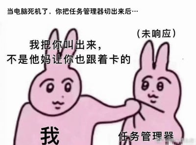 这是一张网友P图改编的搞笑梗图，以拟人化的粉色兔子表情包为载体，描绘了电脑用户的崩溃日常：当电脑死机后，用户调出任务管理器本想解决卡顿问题，结果连任务管理器都显示“未响应”。图中左边标注为“我”的兔子揪住右边标注为“任务管理器”的兔子，配文“我把你叫出来，不是他妈让你也跟着卡的”，上方还有引导场景的文字“当电脑死机了，你把任务管理器切出来后…”，右边兔子上方标注“（未响应）”，精准还原了电脑使用中遇到的倒霉情况，用夸张的方式表达了用户的无奈与愤怒，引发同类经历用户的共鸣。