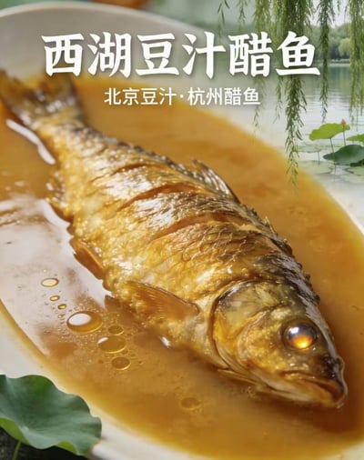 这张图展示了一道名为“西湖豆汁醋鱼”的创意“黑暗料理”，将北京极具争议性的特色饮品豆汁，与杭州的经典名菜西湖醋鱼结合，把西湖醋鱼的汤汁替换成豆汁的形态，背景搭配西湖标志性的荷花垂柳元素。豆汁的特殊味道让不少人难以接受，西湖醋鱼也因清淡带腥的口感存在争议，二者的融合相当于把两个容易引发讨论的饮食元素结合，用幽默戏谑的方式玩地域饮食反差梗，精准“得罪”对这两种食物有不同看法的两地人群。