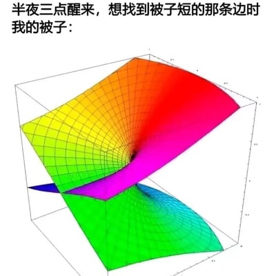 这张梗图用一个扭曲的3D曲面模型来比喻半夜三点醒来，想要找到被子短边时的被子状态。当睡觉过程中被子移位后，原本方正的被子仿佛变成了没有明确短边的抽象曲面，怎么都找不到合适的边来盖，精准还原了很多人深夜被被子“折磨”的无奈又好笑的经历，没有双关或谐音梗，纯用具象的抽象图形来表达日常的小崩溃。