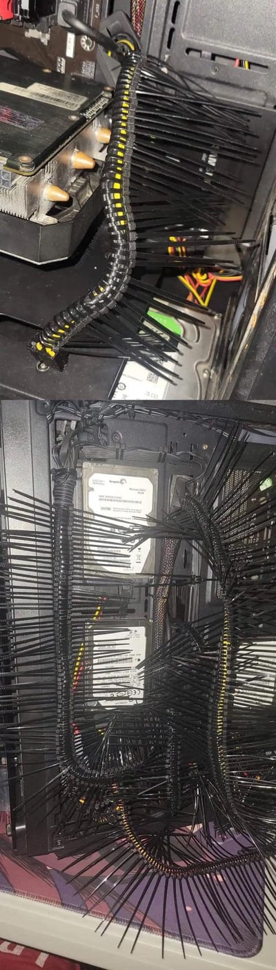 这是一组上下拼接的实拍图，展示了电脑DIY玩家的趣味理线操作：玩家用大量黑色带黄标的扎带固定机箱内的线材，将扎带末端向外散开，把线材塑造成类似机械蛇的怪异造型，和常规追求整洁的机箱理线形成强烈反差，充满猎奇感和搞笑效果，让人感叹玩家的脑洞。图中还能看到机箱内的希捷（Seagate）机械硬盘。