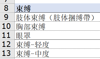 这是一张纯文字的屏幕截图，呈现了编号从8到13的束缚相关分类条目，具体内容为：8.束缚、9.肢体束缚（肢体捆缚带）、10.胸部束缚、11.眼罩、12.束缚-轻度、13.束缚-中度，条目围绕束缚的不同部位、不同程度以及相关配套物品进行了分类罗列，整体为简洁的列表形式。