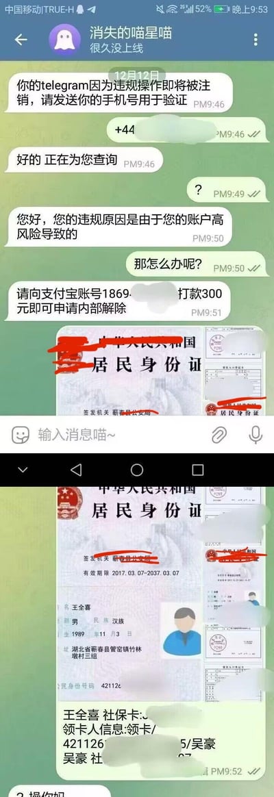 该图片为手机聊天记录截图，显示联系人“消失的喵星喵”（很久没上线）向用户发送消息，声称其Telegram账号因违规操作即将被注销，要求发送手机号验证。随后以账户高风险为由，诱导用户向支付宝账号打款300元以申请内部解除，并附带一张部分信息被红色涂抹的中华人民共和国居民身份证照片。聊天时间集中在PM9:46至PM9:52，界面显示为移动设备截图，顶部有中国移动信号和时间信息。