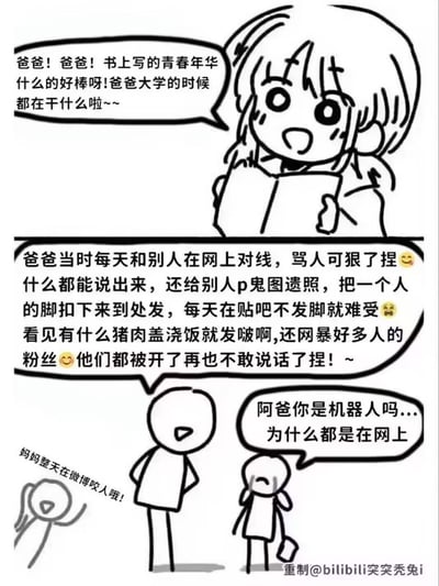 这是一幅黑白线条绘制的搞笑讽刺简笔漫画，剧情分为三段：首先是扎双马尾的小女儿举着书本，满脸兴奋憧憬地询问父亲，书上描述的青春年华十分美好，想知道父亲大学时期的经历。父亲叉着腰一脸无所谓地回答，称自己大学时期每天都在网上和人对线吵架、言辞刻薄，还会制作他人的鬼图遗照、截取他人脚部的图片到处传播，沉迷在贴吧发布相关内容，还参与网络暴力攻击他人粉丝，把对方骂到不敢发声。女儿听完后崩溃流泪，疑惑询问父亲难道是机器人，为什么整个大学时光都耗在网上。此时画面左侧的母亲还补了一句“妈妈整天在微博咬人哦”。整个漫画用极度夸张荒诞的内容，讽刺了当下部分网民将大量青春时间耗费在网络骂战、网络暴力等无意义行为上的现象，反差感强烈，充满喜剧效果和讽刺意味。