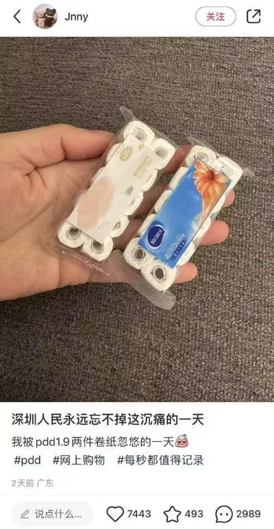 社交媒体用户分享的拼多多购物体验，图中展示了两只手拿着两小卷包装的卷纸，配文称"深圳人民永远忘不了这沉痛的一天 我被pdd1.9两件卷纸忽悠的一天"。通过夸张的"沉痛的一天"来形容被低价小包装卷纸误导的购物经历，形成幽默效果。