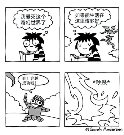 四格漫画描绘了一个热爱奇幻世界的读者的搞笑经历。第一格中，主角开心地读着书，心想"我爱死这个奇幻世界了"；第二格继续阅读，幻想"如果能生活在这里该多好"，背景出现了龙；第三格主角成功穿越，兴奋地喊"哇！穿越成功啦！"并手持剑；第四格则以"*秒杀*"和火焰效果结束，形成强烈反差的喜剧效果。