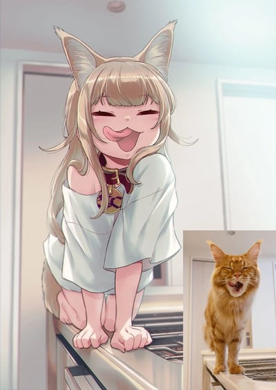 图片为左右对比构图，左侧是动漫风格的猫娘角色：浅棕色长发，带有猫耳和尾巴，穿着宽松的白色衬衫，跪坐在厨房台面上，双眼紧闭，吐着舌头，露出开心满足的表情；右侧是一只真实的橘猫，在相同的厨房场景中，摆出几乎一模一样的姿势，同样闭眼吐舌，笑容灿烂。两者表情和动作高度同步，形成萌趣的对比效果，展现了跨次元的可爱瞬间。