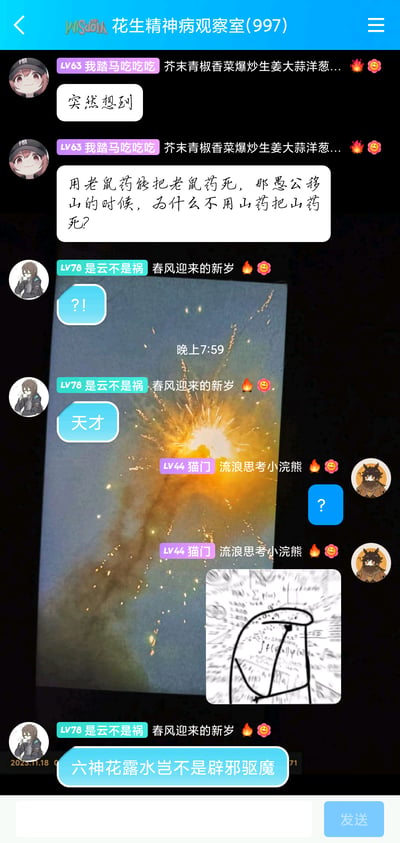 这是一张手机群聊的截图，群名称为“花生精神病观察室(997)”，群内成员展开了一段充满脑洞的谐音梗趣味对话。用户“LV63 我踏马吃吃吃”先抛出“突然想到”的引子，接着提出冷笑话式问题：“用老鼠药能把老鼠药死，那愚公移山的时候，为什么不用山药把山药死？”，利用“老鼠药”里作为动词的“药”和“山药”的谐音制造荒诞笑点；随后用户“LV78 是云不是祸”发出“?!”的惊讶表情，接着回复“天才”认可这个脑洞，之后又发出一张类似爆炸效果的图片和一张写满公式的涂鸦图，最后调侃“六神花露水岂不是辟邪驱魔”，延续了谐音梗的无厘头脑洞；用户“LV44 猫门”则发出问号表情和公式图，配合这段趣味对话。整个对话风格搞笑荒诞，充满网友的即兴脑洞创意。