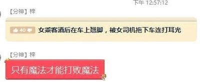 这是一张即时通讯软件的聊天记录截图，用户【分神】梓先后发送了两条内容：第一条是类似社会新闻的表述，描述了“女乘客酒后在车上翘脚，被女司机拖下车连打耳光”的双方冲突事件；第二条是网络流行语“只有魔法才能打败魔法”，以此调侃这起事件中双方都存在过激行为，暗含以暴制暴、用对等的激烈方式回应对方的意味，将严肃的冲突事件用趣味化的流行语进行解读。