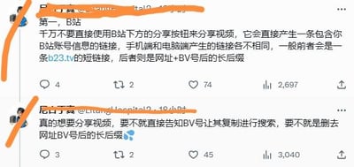 这是两张竖屏的社交媒体评论截图，内容是用户分享的B站视频分享实用技巧：第一条评论提醒大家不要直接使用B站自带的分享按钮，因为生成的链接会包含个人账号信息，且手机端（o23.tv短链接）和电脑端（网址+BV号长链接）的链接形式不同；第二条评论给出了更合适的分享方式，要么直接告知BV号让对方搜索，要么使用删除BV号后长后缀的链接。整体是给B站用户的实用经验分享，语言通俗易懂，无特殊双关或谐音梗。