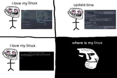 这是一张四格连环暴走梗图，用Trollface贱笑表情展现Linux用户的心态变化：第一格配文“i love my linux”，表情得意的简笔画Trollface旁是正常使用的Linux系统桌面界面；第二格配文“update time”，该角色依然保持得意表情，旁侧是执行系统更新命令的终端界面；第三格配文依旧为“i love my linux”，旁侧界面已经变成了GRUB系统引导界面，暗示更新出现异常；第四格背景全黑，配文变为“where is my linux”，Trollface也变成了一脸茫然错愕的表情，精准吐槽了Linux系统更新容易出现故障、甚至导致系统无法正常启动的常见痛点，是程序员群体中流行的自嘲类梗图。
