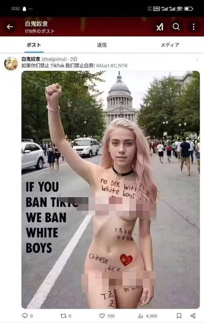 这是一张经过修改的恶搞争议图片，画面主体是一位上半身被打码的粉发白人女性，站在带有美国国会大厦样式建筑的街头道路上，她高举右手，身体和画面左侧配有中英双语的激进恶搞文字，英文内容为“IF YOU BAN TIKTOK WE BAN WHITE BOYS”“no sex with white boys”，中文内容包含“不下跪美国 白皮猪猡”“Chinese dick”等，以此表达反对封禁TikTok的恶搞态度。图片上方是海外社交平台的帖子界面，发布者账号为“白鬼奴隶”，配文“如果你们禁止TikTok 我们禁止白男! #Alart #C_NTR”。