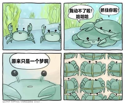 四格连环漫画描绘螃蟹的奇幻经历：第一格两只螃蟹在水草丰茂的海底平静爬行；第二格一只大螃蟹用钳子夹住小螃蟹，配文“我动不了啦！哈哈哈 抓住你啦！”；第三格特写螃蟹睁眼惊醒，内心独白“原来只是一个梦啊”；第四格镜头拉远，揭示多只螃蟹被草绳捆绑成排的现实场景。通过梦境与现实的反转制造黑色幽默，讽刺看似逃脱却仍陷困境的无奈。
