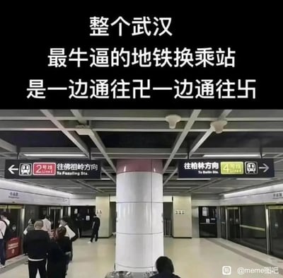 这是一张武汉地铁换乘站的实拍图，画面展示了地铁站台的指示牌：左侧是2号线往佛祖岭方向，右侧是4号线往柏林方向。图的顶部添加了搞笑配文，玩起谐音梗：将“佛祖岭”关联代表佛教的“卍”，将“柏林”关联代表纳粹的“卐”，调侃这个换乘站仿佛一边通往“佛系”方向，一边通往“魔系”方向，用反差感制造搞笑效果。
