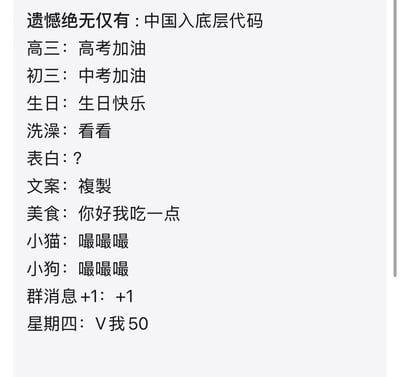 这是一张纯文字类型的网络梗图，开篇以“遗憾绝无仅有：中国入底层代码”为标题，罗列了十余种中文互联网环境下网民普遍存在的条件反射式反应：提到高三会说高考加油、提到初三会说中考加油、提到生日会说生日快乐、提到洗澡会说看看、提到表白会打问号、提到文案第一反应是复制、看到美食会说你好我吃一点、看到小猫小狗都会发出嘬嘬嘬的声音逗弄、群里有人发+1就会跟着发+1、提到星期四第一反应是V我50，用夸张调侃的方式戏称这些全民共同的习惯已经成为了刻入中国人“底层代码”的共识。