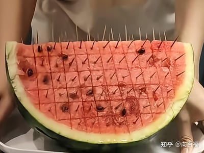 这是一张利用视觉错位效果打造的趣味摄影作品：将切出网格状纹路的西瓜块置于人的背部前方，每一小块西瓜上都插有一根牙签，从正面视角观察时，会产生“人的背上长出密集尖刺”的错觉，新奇又搞笑，充满创意。